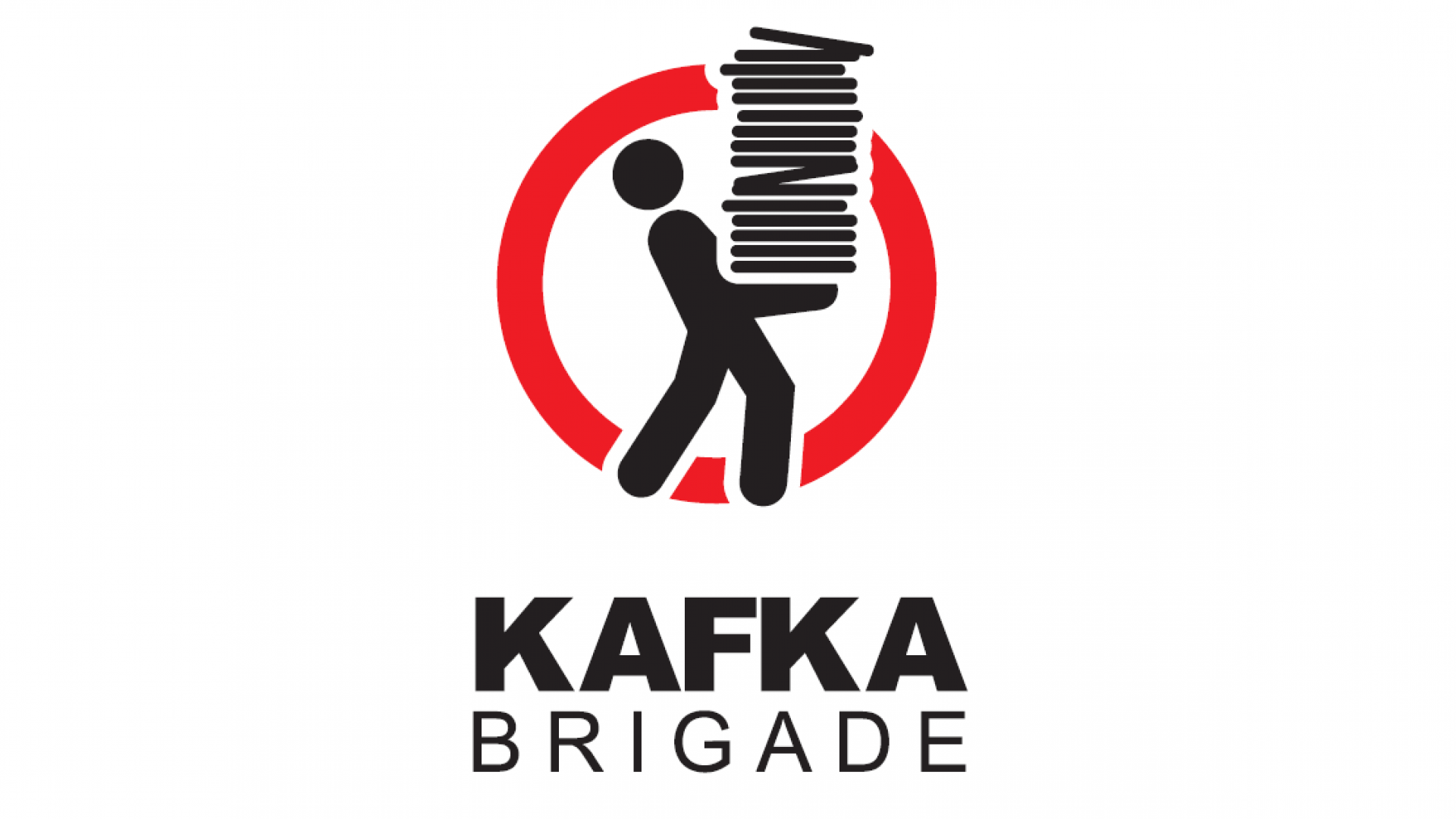 Kafka Brigade Logo figure holding a big pile of files