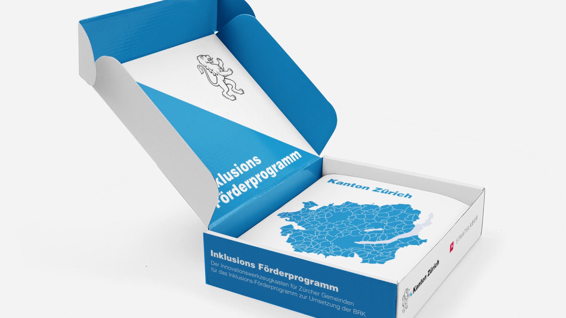 Darstellung einer Kartonschachtel mit einer Abbildung des Kantons Zürich und der Beschriftung "Inklusions-Förderprogramm"